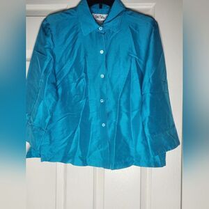Bob Mackie 8 Aqua Blue 100% SILK  3/4 Sleeves Button Up Women's Shirt Blouse